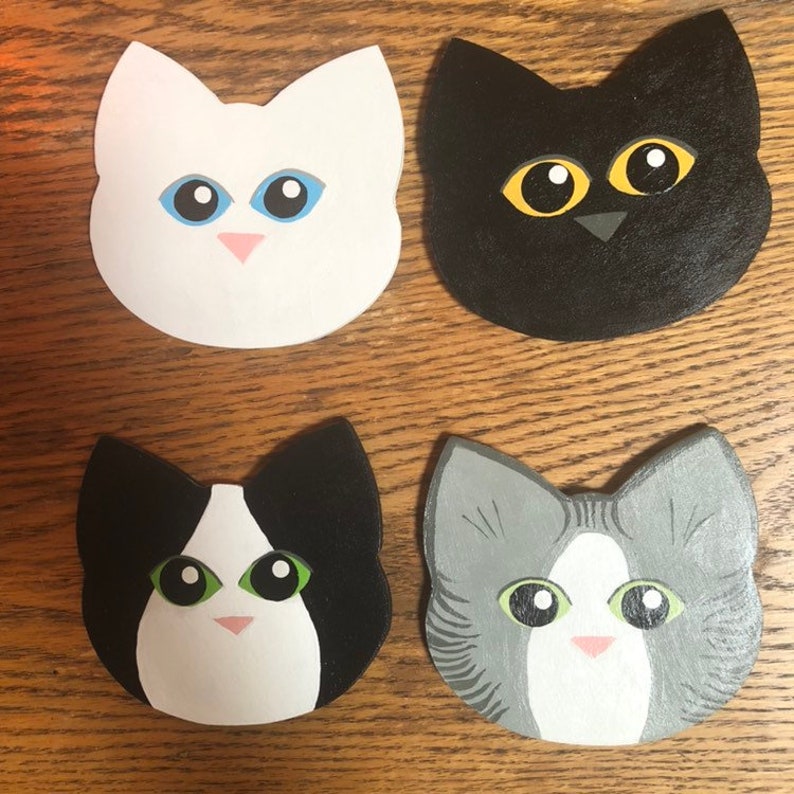 Cat Face Coasters Hostess Gifts Gifts for Kitten Lovers Hand Painted Feline Art