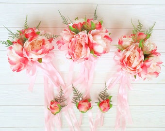 6 Piece Set - 3 Bridesmaids and 3 Boutonnieres, each set includes all pink peonies accented with greenery.  Ships in 1 business day