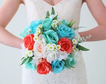 Turquoise and Coral Bouquet - Ships the Next Day - ID#510