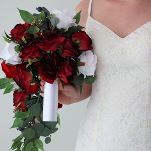 Burgundy and Soft Blush Pink Cascading Brides Bouquet with Navy Blue and Gold Ships the Next Day ID12 image 2