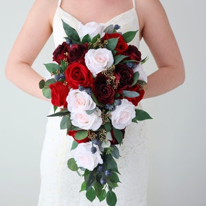 Burgundy and Soft Blush Pink Cascading Brides Bouquet with Navy Blue and Gold Ships the Next Day ID12 image 1