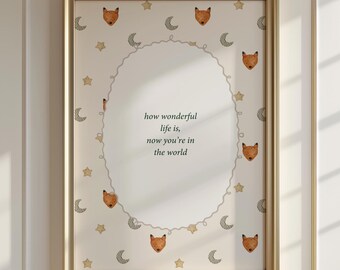 Qué maravillosa es la vida ahora que estás en el mundo. Arte de pared para habitación infantil / Decoración de habitación de niña o niño con temática de zorro / Cita de la letra de una canción cottagecore para habitación infantil.