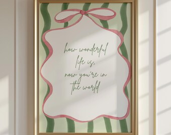 Qué maravillosa es la vida ahora que estás en el mundo. Arte de pared para habitación infantil / Decoración de habitación de niña y niño con cuadros vichy / Cita de la letra de una canción cottagecore para habitación infantil.