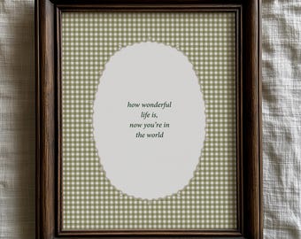Qué maravillosa es la vida ahora que estás en el mundo. Arte de pared para habitación infantil / Decoración de habitación de niña y niño con cuadros vichy / Cita de la letra de una canción cottagecore para habitación infantil.