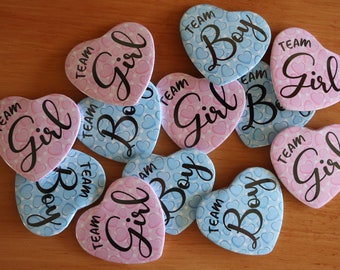 Puede incluir: Una colección de botones en forma de corazón con las palabras "Team Boy" y "Team Girl" impresas en ellos. Los botones están decorados con pequeños corazones azules y rosas.