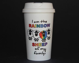 Plastic To-Go Coffee Cup with lid/Rainbow Sheep