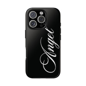 May include: Black phone case with a glossy finish. The case features a white cursive script that reads "Angel". The phone case has a camera module with three lenses and a flash.