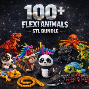 May include: A collection of colorful, articulated Flexi Animals, including a T-Rex, dragon, panda, and octopus, are displayed against a starry background. The text "100+ FLEXI ANIMALS STL BUNDLE" is at the top.