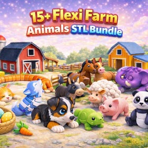 Puede incluir: Ilustración digital colorida de una escena de granja con varias figuras de animales. La imagen incluye un granero rojo, un molino de viento y una variedad de animales como caballos, un cerdo, un panda y un gato. El texto en la parte superior dice "15+ Flexi Farm Animals STL Bundle".