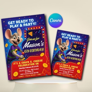 Chuck E. Cheese Birthday Invitation | Arcade Party, Editable Canva Template (Digital Download)