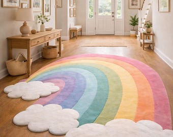 Pastel Rainbow Cloud Edge Rug, Soft Wool Kids Playroom Carpet