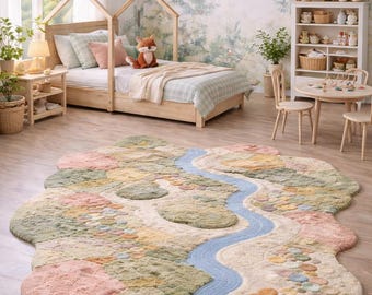 Woodland Nursery Rug, River Landscape, Irregular Montessori Play Mat
