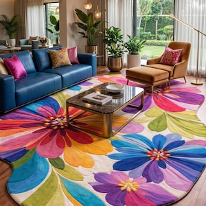Colorful Floral Irregular Shape Area Rug, Modern Statement Handmade Living Room Carpet