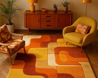 Retro Geometric Wool Rug | Mid Century Modern Area Carpet