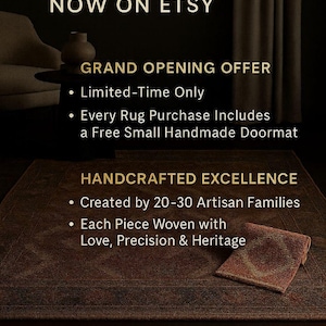 May include: An advertisement for Sulekharugs on Etsy, featuring a dark brown rug and a small doormat. Text includes "Grand Opening Offer" and "Handcrafted Excellence." The ad highlights that each rug purchase includes a free doormat.