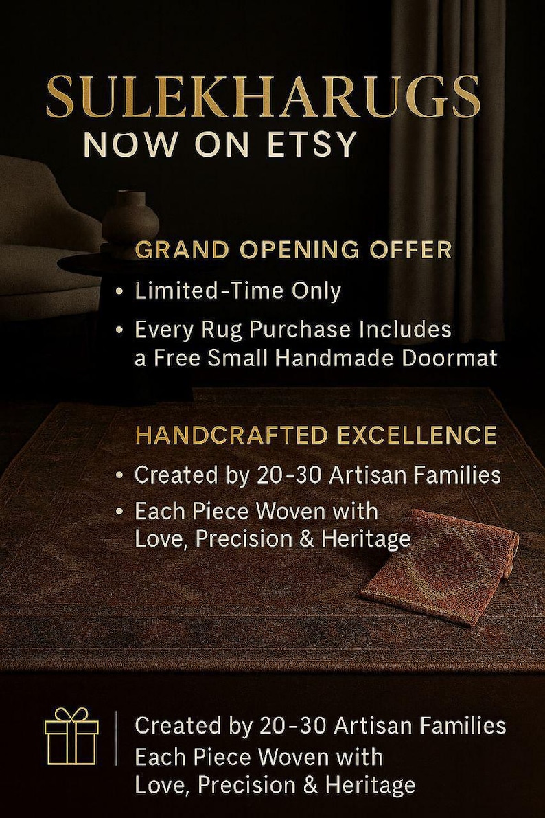 May include: An advertisement for Sulekharugs on Etsy, featuring a dark brown rug and a small doormat. Text includes "Grand Opening Offer" and "Handcrafted Excellence." The ad highlights that each rug purchase includes a free doormat.