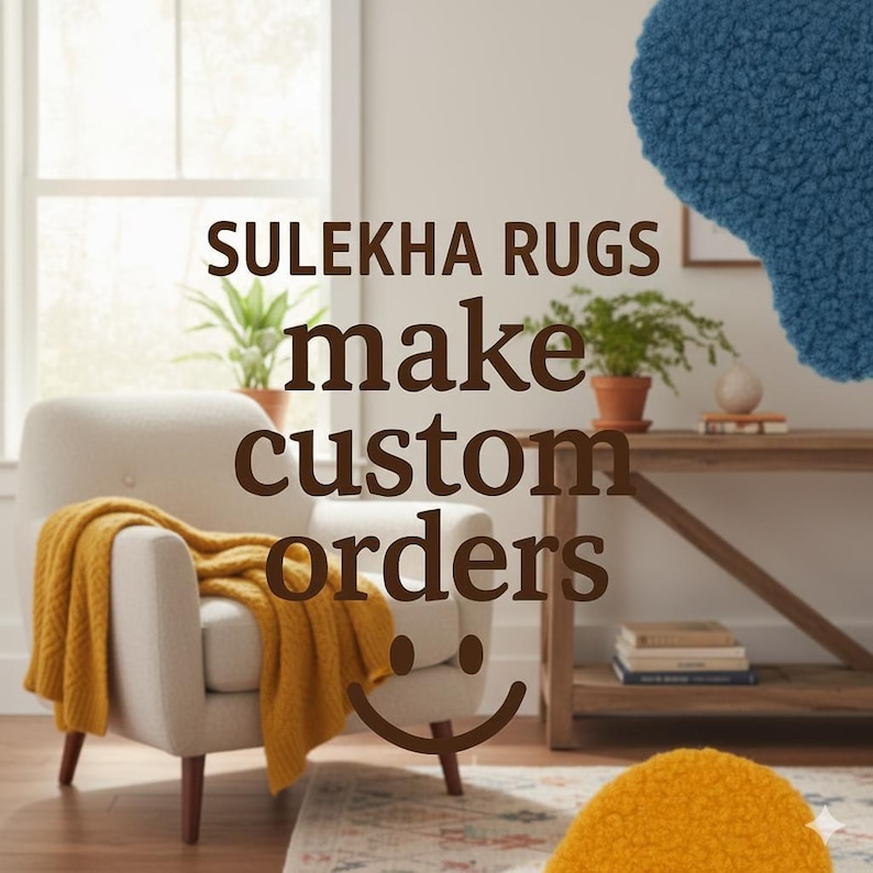 May include: An interior shot featuring a cream-colored armchair with a mustard yellow throw blanket. The text "SULEKHA RUGS make custom orders" is displayed. A blue rug and a wooden side table with books and a plant are also visible.