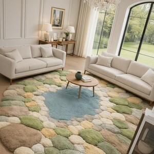May include: A large, round area rug with a pebble design in shades of green, beige, and brown, surrounding a central blue area. Two cream-colored sofas are placed on either side of the rug. A wooden coffee table sits on the rug.