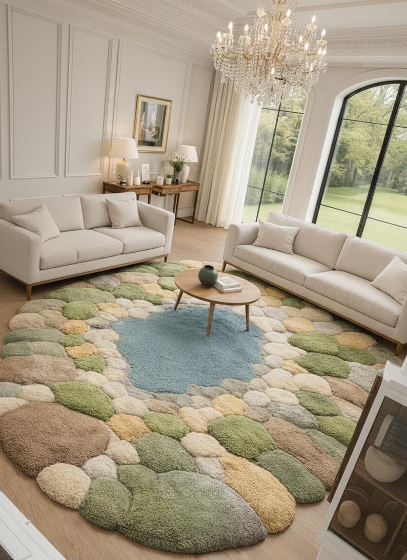 May include: A large, round area rug with a pebble design in shades of green, beige, and brown, surrounding a central blue area. Two cream-colored sofas are placed on either side of the rug. A wooden coffee table sits on the rug.