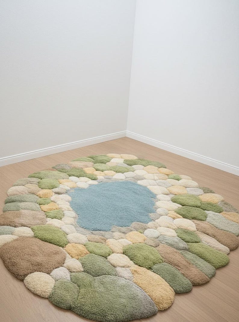 May include: A round rug with a unique design resembling a pond surrounded by stones. The center features a light blue area, with the perimeter composed of various colors of stones, including green, beige, and brown. The rug is placed on a wooden floor.