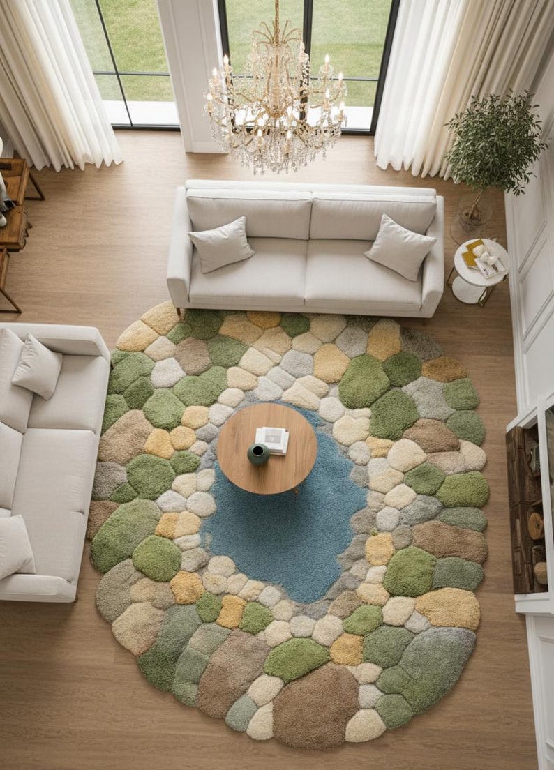May include: Overhead view of a living room with a large, round rug resembling a pond with colorful stones. The rug is surrounded by two white sofas, a wooden coffee table, and a crystal chandelier. The room has large windows and hardwood floors.
