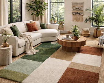 Modern Geometric Color Block Rug, Luxury Wool Area Carpet for Stylish Living Room