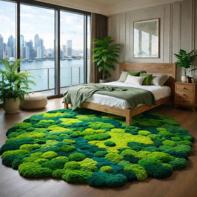May include: A bedroom featuring a large, round, moss-like rug in shades of green. A wooden bed frame with a green blanket and pillows sits atop the rug. The room has a large window with a city skyline view, and a wooden nightstand.