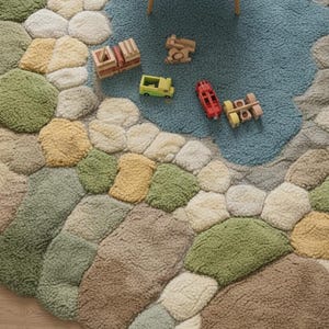 May include: A colorful, textured rug with a pebble design in shades of green, beige, and brown. A blue, cloud-shaped area is in the center. Small wooden toy cars and blocks are scattered on the rug and blue area. A small white table is in the background.