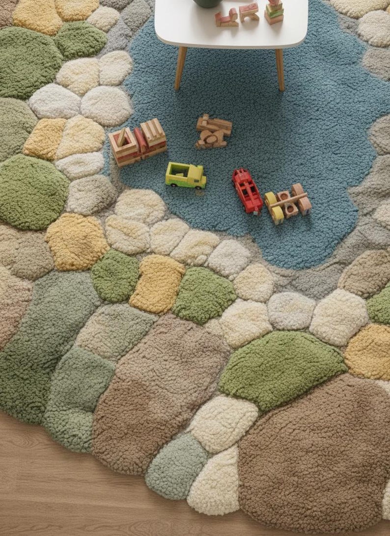 May include: A colorful, textured rug with a pebble design in shades of green, beige, and brown. A blue, cloud-shaped area is in the center. Small wooden toy cars and blocks are scattered on the rug and blue area. A small white table is in the background.