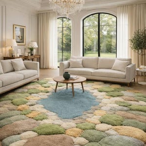 May include: A living room featuring a large, round rug with a unique pebble design in shades of brown, green, yellow, and blue. Two beige sofas, a wooden coffee table, and a crystal chandelier complete the room's decor.