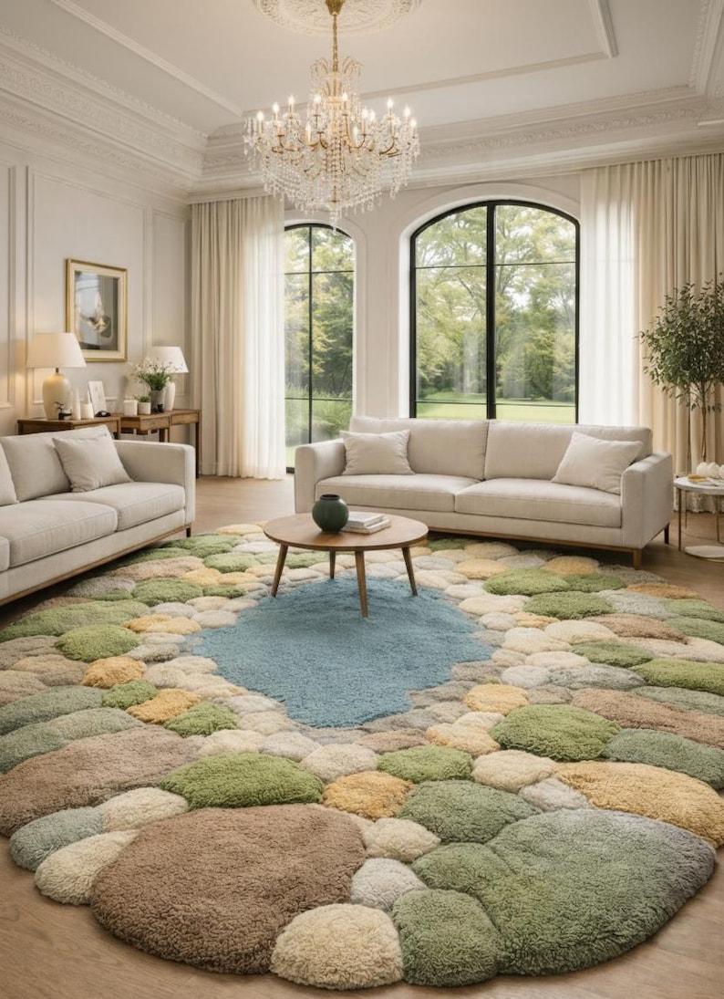 May include: A living room featuring a large, round rug with a unique pebble design in shades of brown, green, yellow, and blue. Two beige sofas, a wooden coffee table, and a crystal chandelier complete the room's decor.