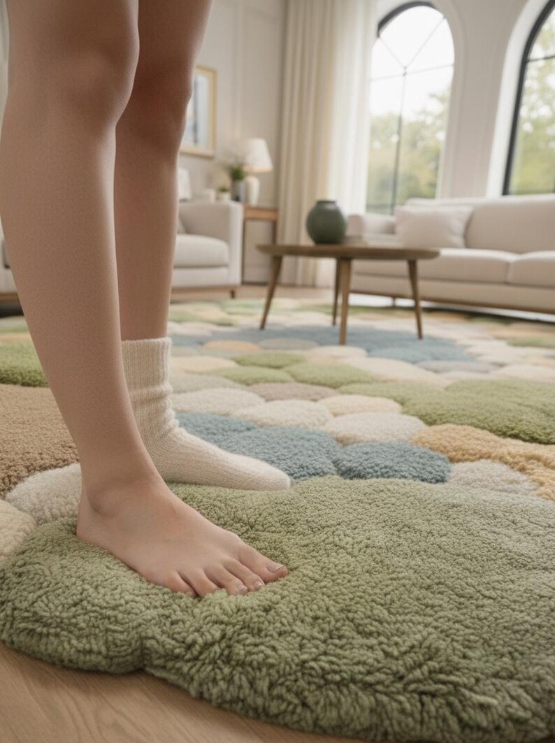 May include: A plush, multi-colored area rug with a cloud-like pattern. The rug features soft, textured tufts in shades of green, beige, and blue. The rug is designed to provide comfort and visual appeal to any living space.
