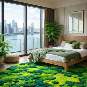 May include: A bedroom with a wooden bed frame, green bedding, and a moss-like rug. The room has a large window with a city view and a potted plant. The rug is a mix of light and dark green.