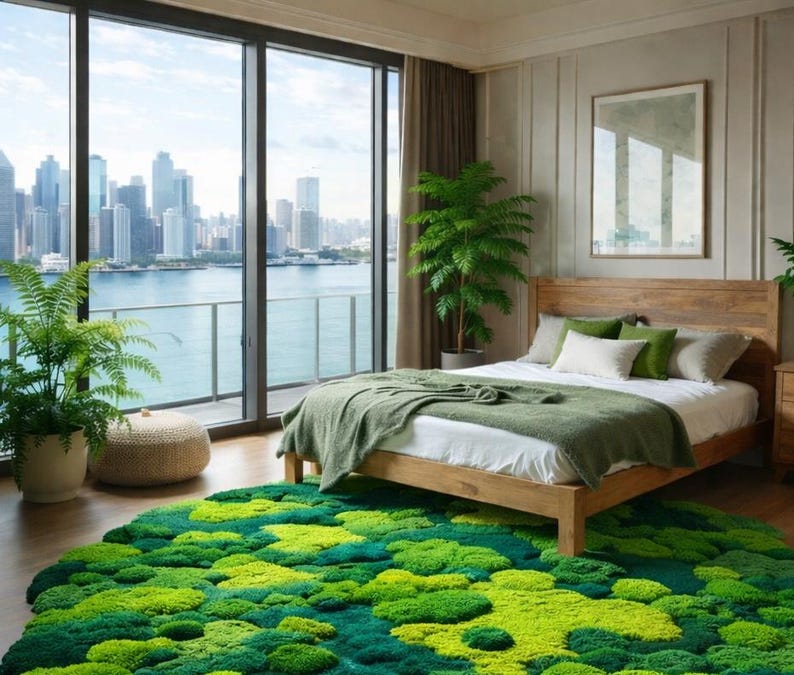 May include: A bedroom with a wooden bed frame, green bedding, and a moss-like rug. The room has a large window with a city view and a potted plant. The rug is a mix of light and dark green.