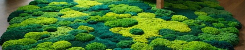 May include: A vibrant, textured rug with a moss-like appearance. The rug features a mix of green hues, from deep emerald to bright lime, creating a natural, organic look. The design resembles a landscape of varying heights and textures.
