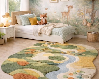 Kids Nature Play Rug for Bedroom, Soft Tufted Landscape Rug with River Design