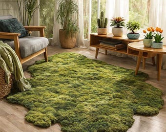 Irregular Moss Rug, Organic Shape Statement Carpet, Nature Inspired Green Area Rug for Living Room Decor