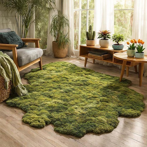 Irregular Moss Rug, Organic Shape Statement Carpet, Nature Inspired Green Area Rug for Living Room Decor
