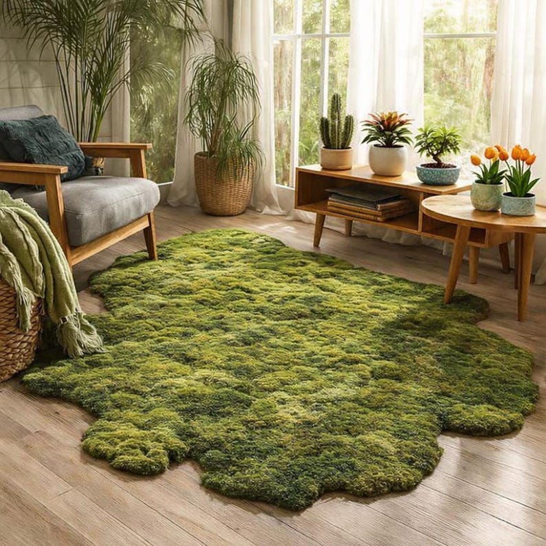Irregular Moss Rug, Organic Shape Statement Carpet, Nature Inspired Green Area Rug for Living Room Decor image 1