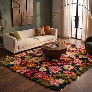 May include: A living room scene featuring a cream-colored sofa, a round wooden coffee table, and a green armchair. A large, colorful floral rug dominates the floor. The room is decorated with pillows, a decorative shelf, and a modern arched floor lamp.