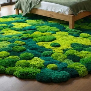 May include: A round, moss-like rug in shades of green, from light to dark. The rug has a textured, three-dimensional appearance, resembling a natural landscape. The rug is placed on a wooden floor, partially under a bed.