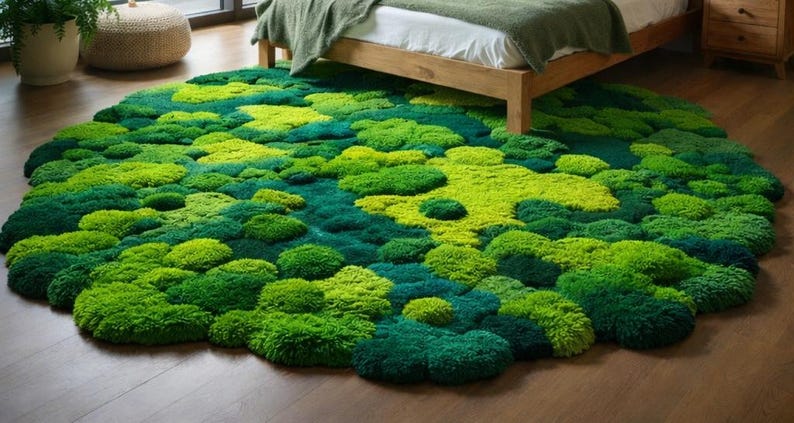 May include: A round, moss-like rug in shades of green, from light to dark. The rug has a textured, three-dimensional appearance, resembling a natural landscape. The rug is placed on a wooden floor, partially under a bed.