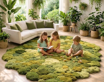 Handmade Moss Green Irregular Wool Rug for Kids Playroom, Soft Nature Inspired Decor