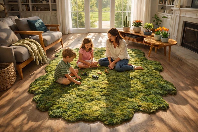 Irregular Moss Rug, Organic Shape Statement Carpet, Nature Inspired Green Area Rug for Living Room Decor image 2