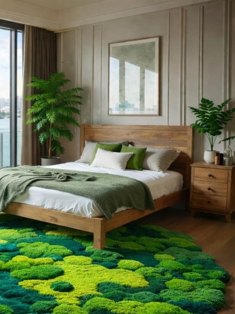 May include: A bedroom with a wooden bed frame, a green blanket, and pillows. A round, moss-like rug in shades of green sits on the floor. A wooden nightstand and a large window with a view complete the scene.
