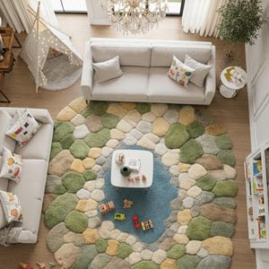 May include: An overhead view of a living room with a large, round rug in shades of green, beige, and brown, resembling stepping stones. Two white sofas, a small white table, and a crystal chandelier are also visible. A children's play tent is in the corner.