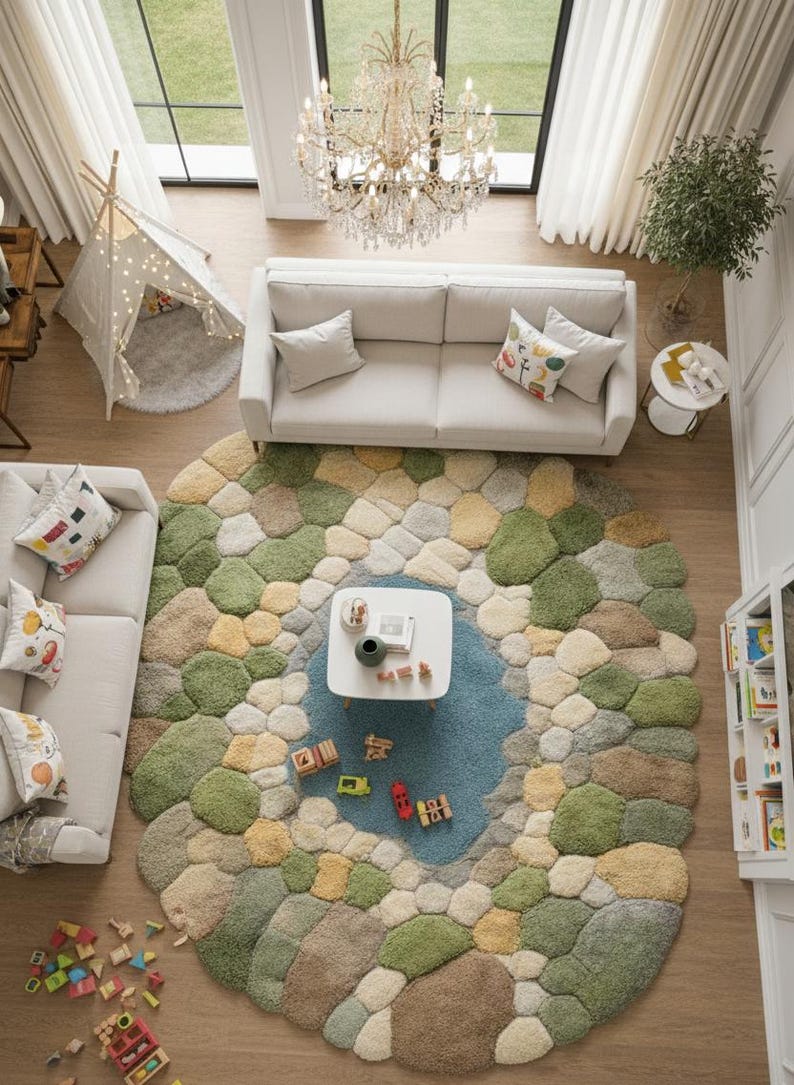May include: An overhead view of a living room with a large, round rug in shades of green, beige, and brown, resembling stepping stones. Two white sofas, a small white table, and a crystal chandelier are also visible. A children's play tent is in the corner.