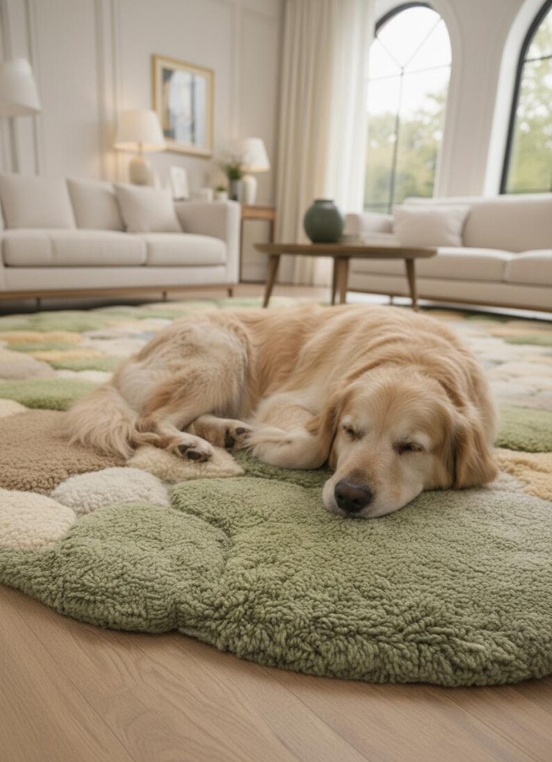 May include: A golden retriever dog resting on a green, beige, and white patterned rug in a living room. The rug has a textured, cloud-like design. The room features neutral-toned furniture and decor.