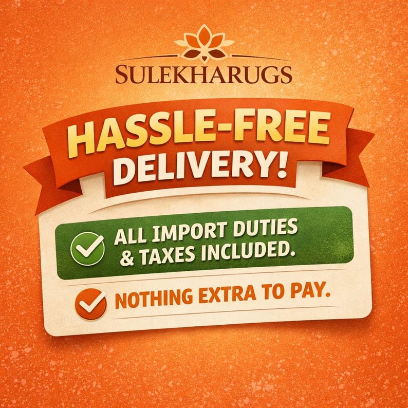 May include: An orange background with the text "SULEKHARUGS" at the top. A red banner reads "HASSLE-FREE DELIVERY!" with a white and green rectangle below. The rectangle states "ALL IMPORT DUTIES & TAXES INCLUDED" and "NOTHING EXTRA TO PAY."