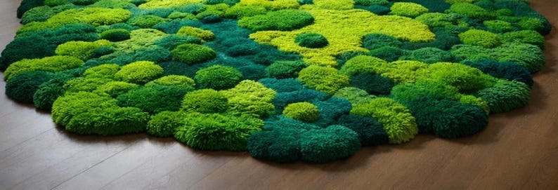 May include: A vibrant, textured rug featuring a layered design of green moss. The rug showcases a variety of shades, from deep forest green to bright lime, creating a natural, organic aesthetic. The rug is placed on a wooden floor.